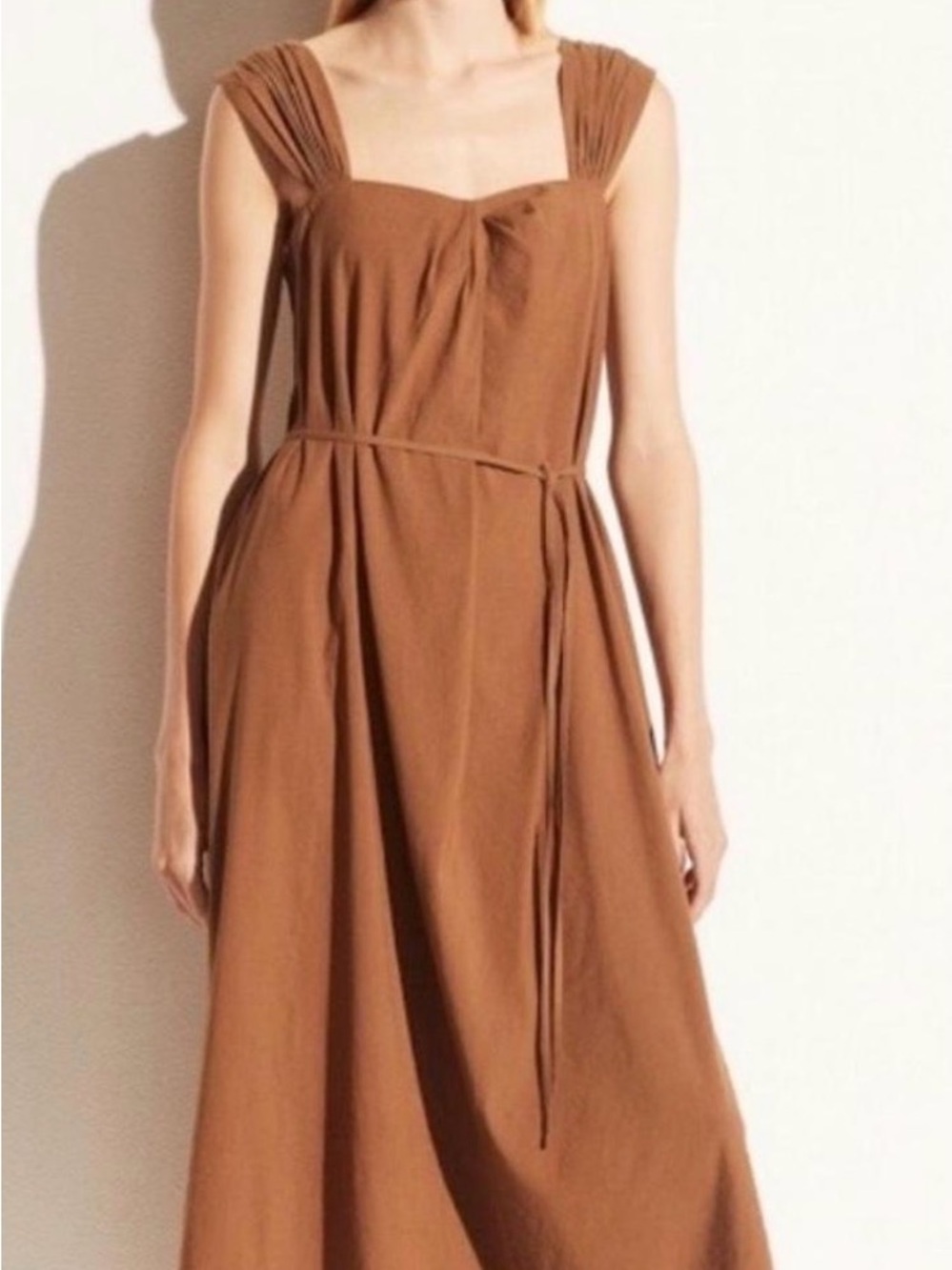 Vince Olive-Brown Sleeveless Midi Dress with Tie